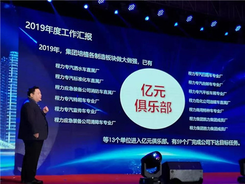 程力汽車集團總經(jīng)理程阿羅向大會作主題演講報告，并全面部署2020年工作計劃。 程力集團公司總經(jīng)理向年會報告2019年工作完成情況，以及2020年主要工作任務(wù)和集團“四五”規(guī)劃及長遠(yuǎn)規(guī)劃的有關(guān)情況。 他講到，剛剛過去的2019年，程力公司面臨國內(nèi)外汽車市場低迷的不利形勢，集團廣大干部職工團結(jié)一心，發(fā)揚頑強拼搏、銳意進取的精神，用汗水詮釋責(zé)任，實干篤定前行，使集團公司的生產(chǎn)經(jīng)營實現(xiàn)了逆勢上揚。程力專汽全年產(chǎn)值突破60億元，同比增長20%，出口創(chuàng)匯3050萬美元，上交稅金6468萬元，底盤銷售突破2萬臺